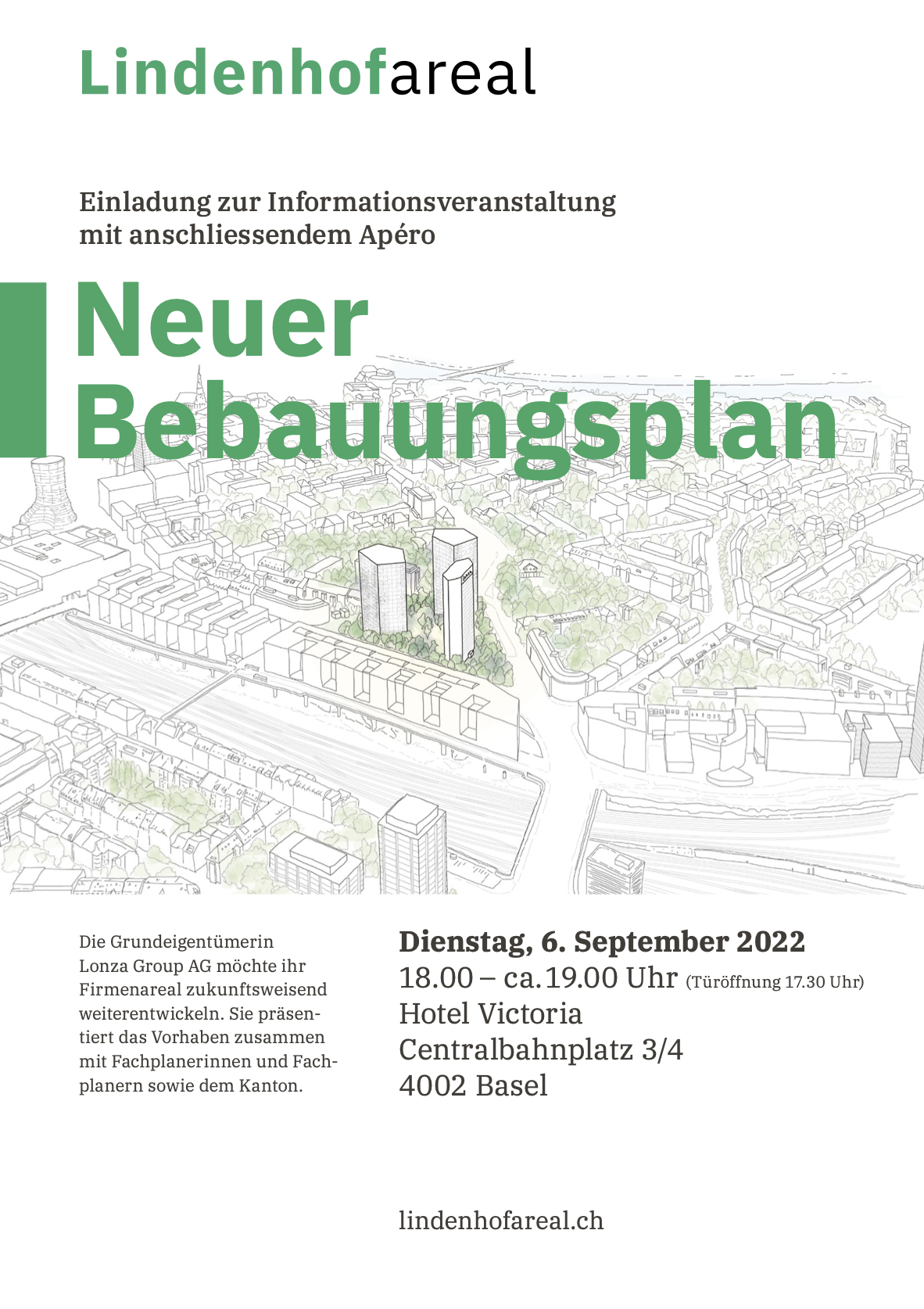 6.9.2022, 18h: Infoveranstaltung, LONZA-Areal: Neuer Bebauungsplan