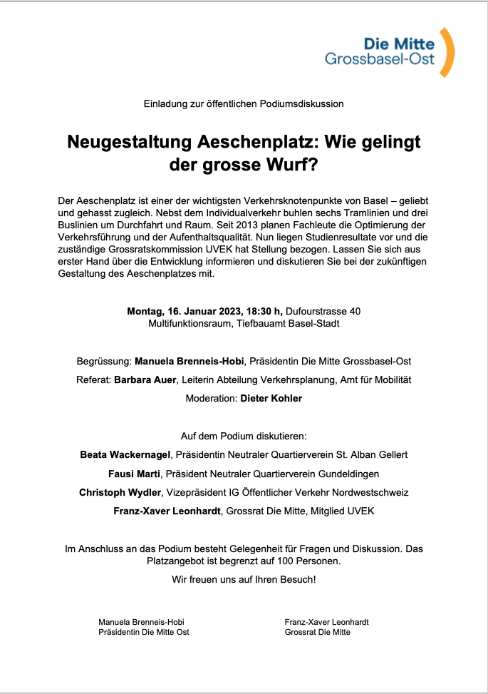 16. Januar 2023, 18.30 Uhr, Neugestaltung Aeschenplatz: Wie gelingt der grosse Wurf?