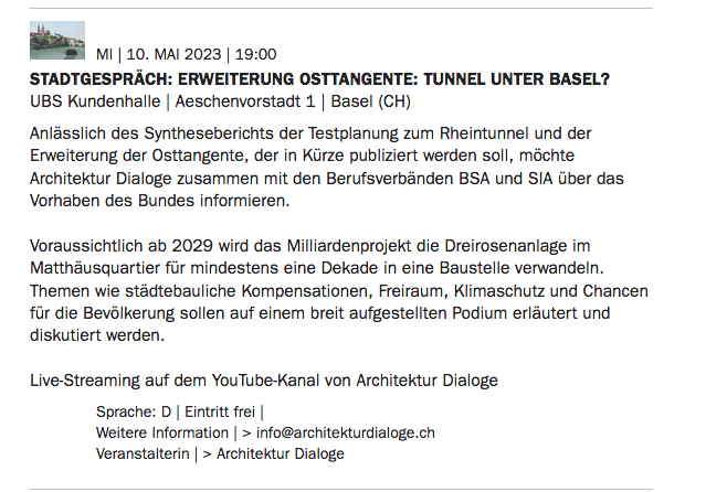 Mi, 10. Mai 2023, 19:00 : Stadtgespräch: Erweiterung Osttangente: Tunnel unter Basel?