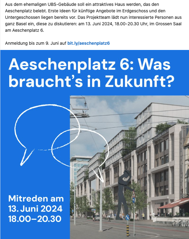 Aeschenplatz 6, öffentliche Veranstaltung, 13. Juni 2024