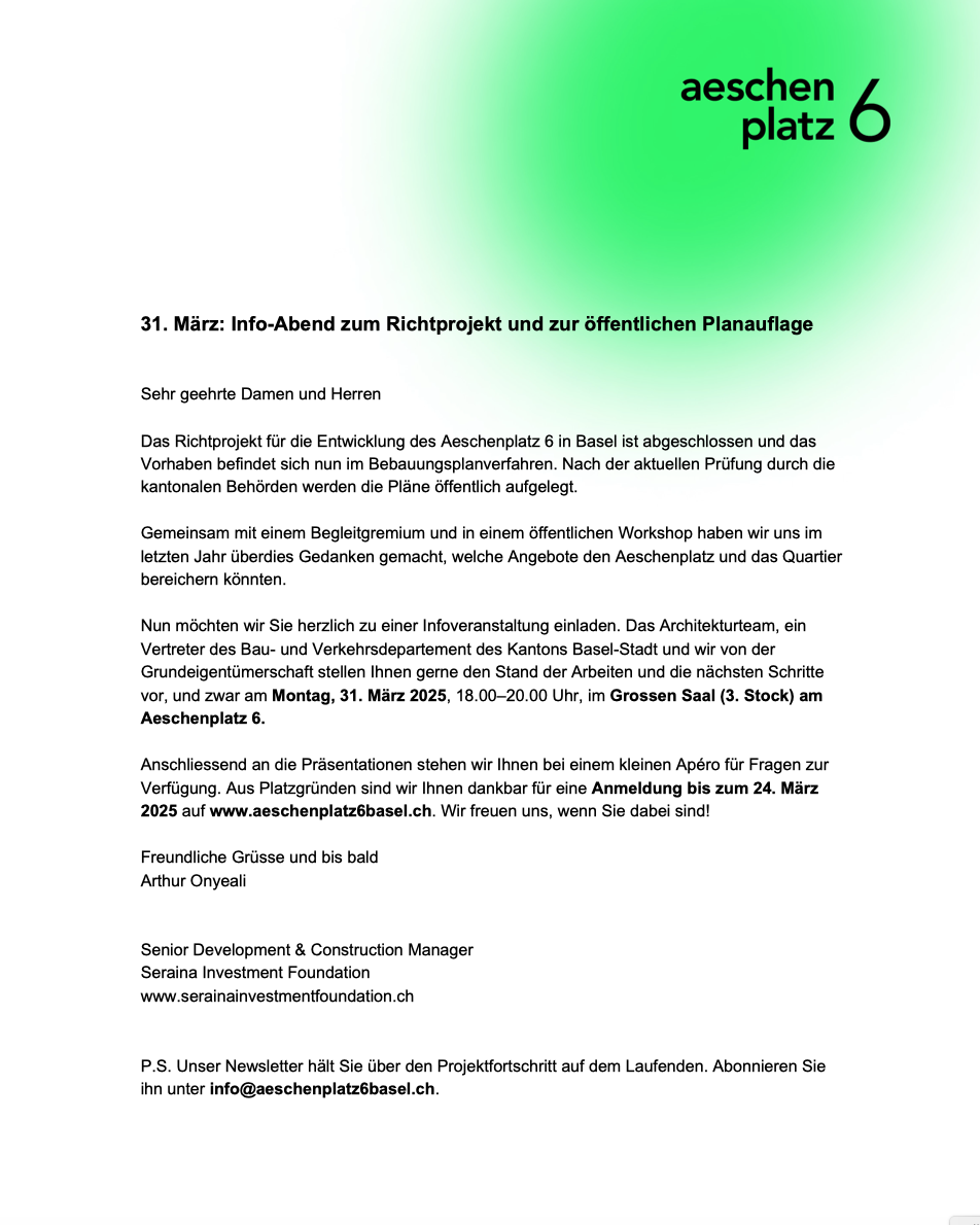 Aeschenplatz 3, 31. März 2025